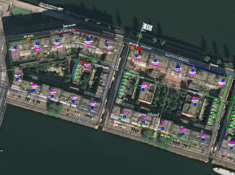 FTTH design software displaying an AutoCAD Map 3D fiber network design over satellite imagery of Java-eiland, Amsterdam.