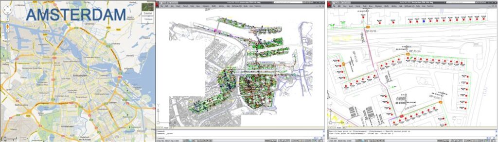 FTTH design software showing a fiber network design for Amsterdam with city map, network layout and detailed engineering view.