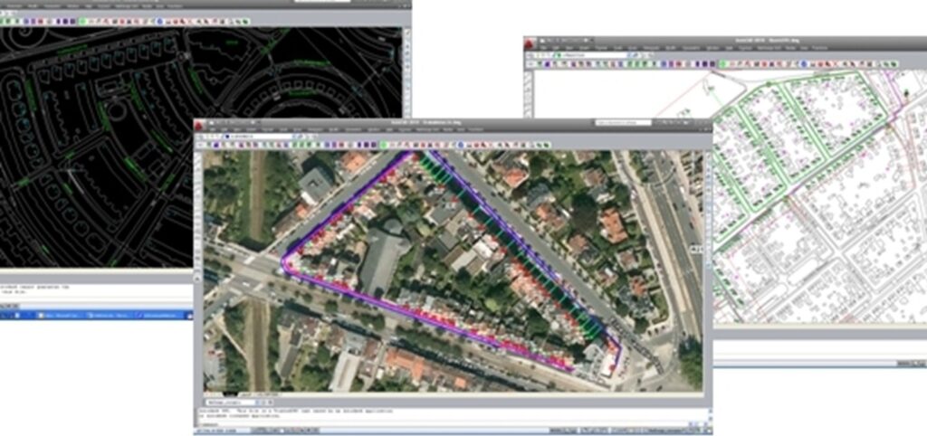 FTTH design software showing three AutoCAD Map 3D network designs with cadastral data for fiber network planning.
